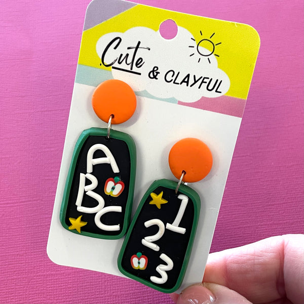 Cute and Clayful - Teacher Earrings (ABC, 123, orange stud top)
