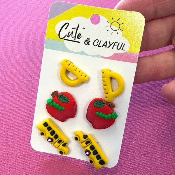 Cute and Clayful - Teacher Stud Set - Ruler / Apple / Bus