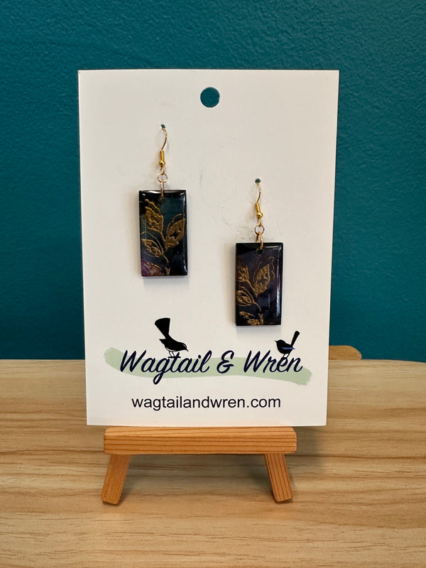 Wagtail and Wren - Dangle Earrings - Resin Small Indigo/Gold Leaves