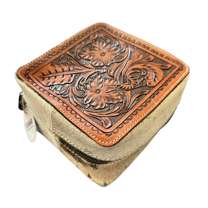Cowhide Leather Handtooled Square Jewellery Box/Travel Case/Makeup Bag