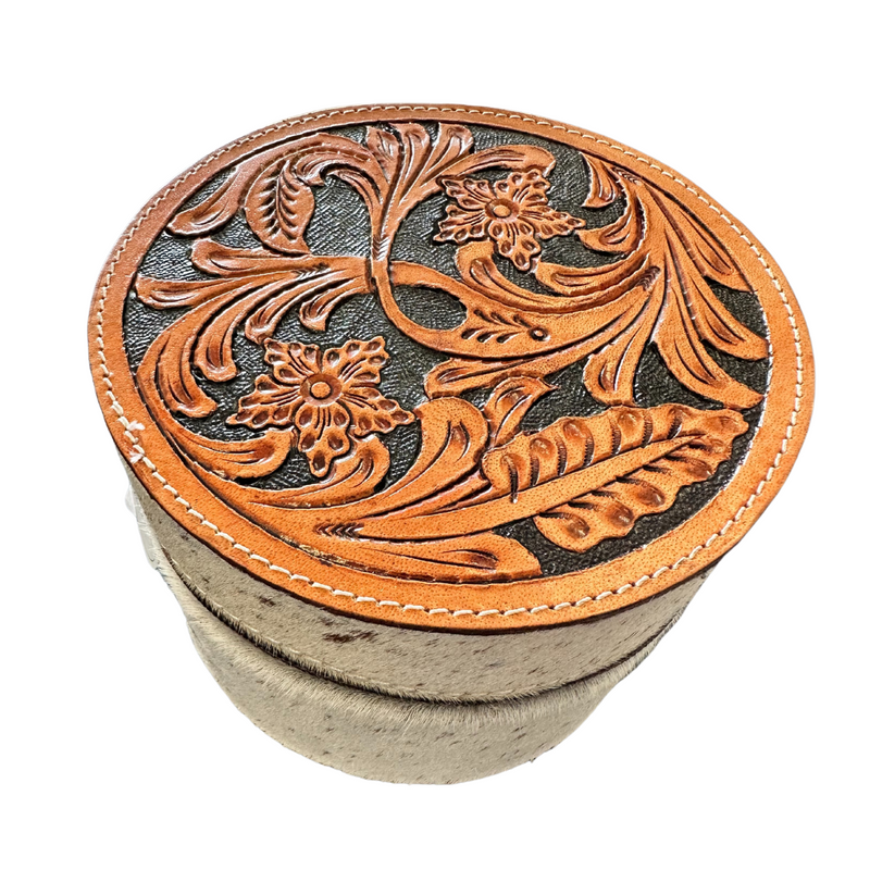 Cow Hide Leather Hand tooled round Jewellery Box/make up bag