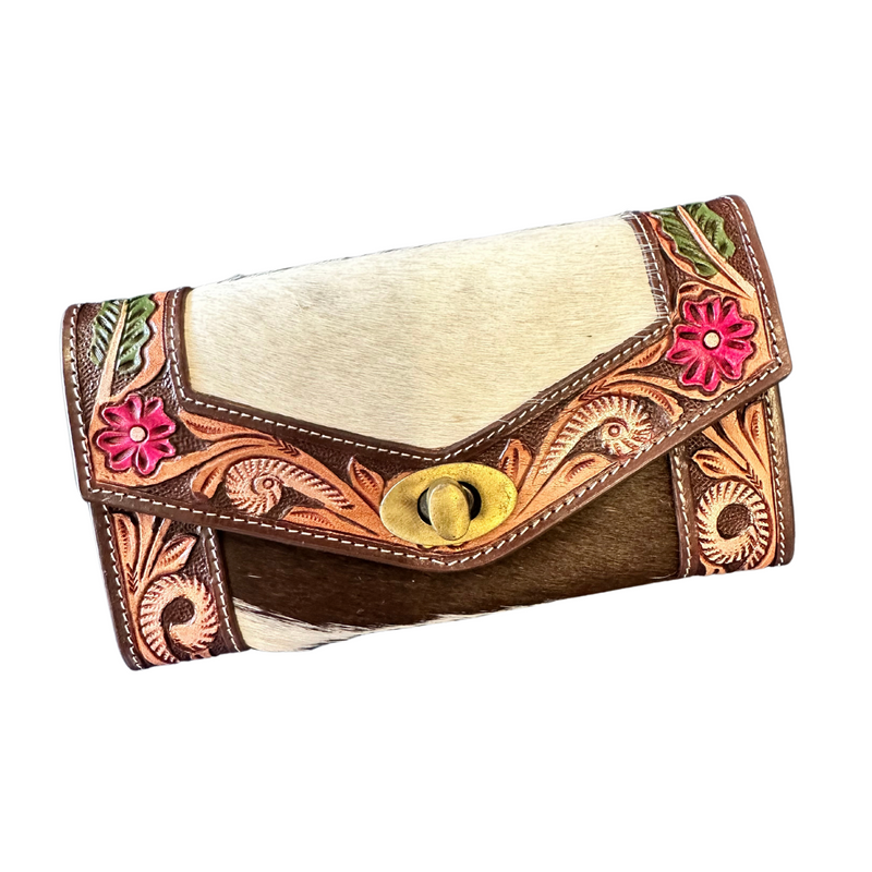 Coloured flowers and rose gold hand tooled border with hair on wallet