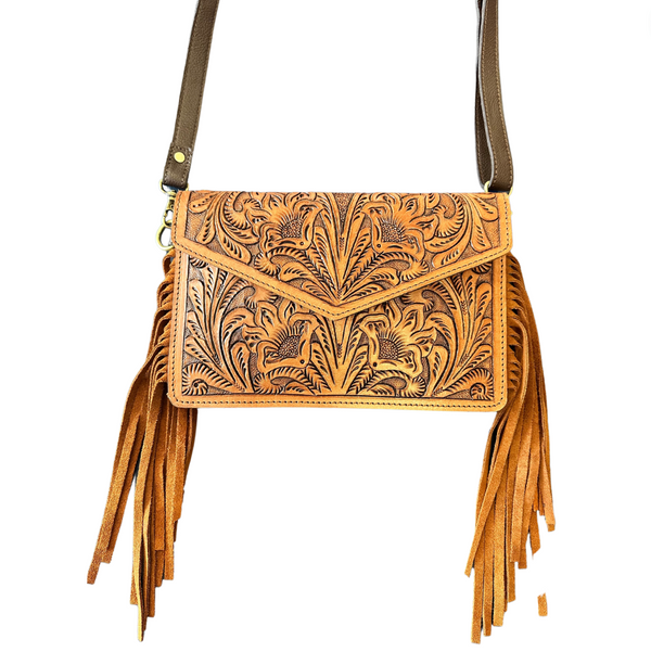 Tan Brown Hand-Tooled Small Bag With Fringe