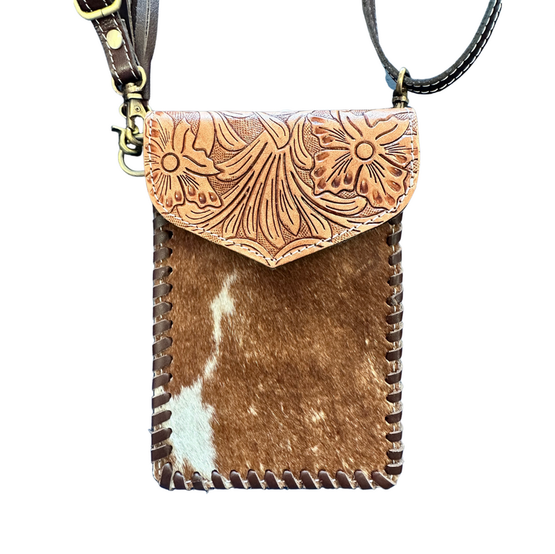 Hand tooled leather and animal mobile phone bag
