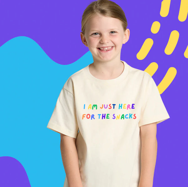Alfie & Alice - I Am Just Here For The Snacks - Kids Tee (eggshell colour) *ON SALE*